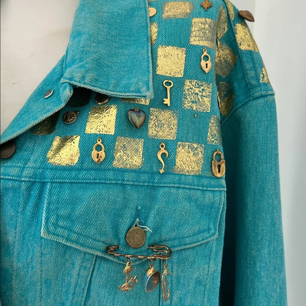 Vintage 80s Punk Charm Acid Wash Blue Denim Jacket - Picture 2 of 7